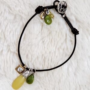 Silpada Sterling Brass Lemon Lime Quartzite CZ Charm Leather Bracelet